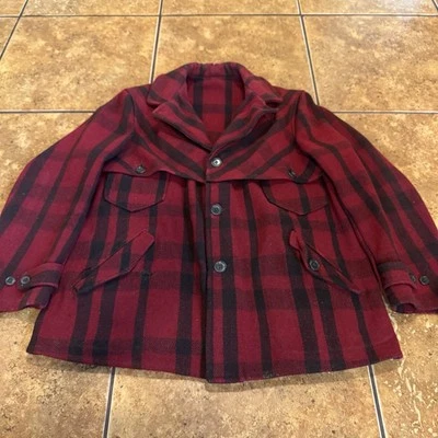 Vintage 1930s Wool Mackinaw Jacket JC Penney Mens L Red Buffalo Plaid 1940s - Image 1 of 4