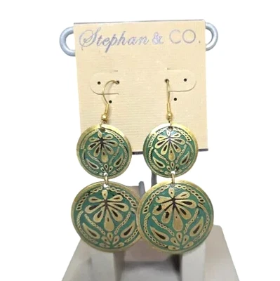 Stephan & Co Women's Brass Green Enamel Boho Hook Earrings NWT - Image 1 of 3