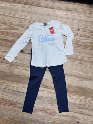 NUEVO PUMA Niñas Jóvenes Conjunto de 2 Piezas Camiseta Leggins - Gris, Crema, Azul Talla Pequeña Foto 1 de 4