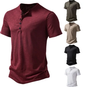 Kurzarm T-Shirt Herren Sommer Mode Slim Fit Knopf V-Ausschnitt T-Shirts - Bild 1 von 29