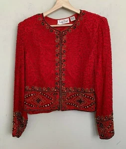 Laurence Kazar New York Jacke Rot Kragenlos Crop Schwarz Gold Perlen Gefüttert Gr. L - Bild 1 von 10
