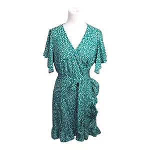 Lorraine NWT Sue Wrap Dress Size 14 Green Spots Pattern Flared Short Sleeve - Picture 1 of 11