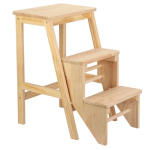 Step Stool for Kids Adults Step Stool 3 Tier Folding Counter Chair Wooden Ladder - Picture 1 of 12