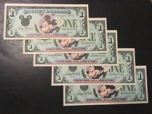 1988 WORLD DISNEY WORLD - ONE DOLLAR LOT OF 5 SEQUENTIAL SERIAL NUMBERS!