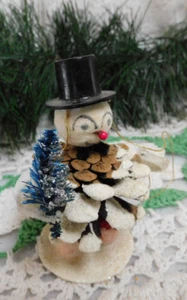 Vintage Pinecone Snowman w Blue Foil Tree Putz  Spun Cotton Christmas Org Label - Picture 1 of 12