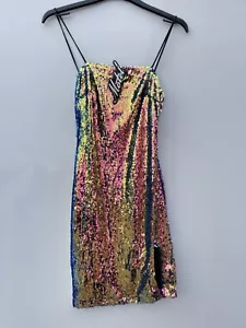 Motel Iridescent Dragon Fruit Pink Sequin Black Slip Dress Size XS - UK 4-6 New - Picture 1 of 4