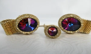 VTG Swank Aurora Borealis Goldtone Cufflinks & Pin Wraparound Mesh Retro Style - Picture 1 of 6