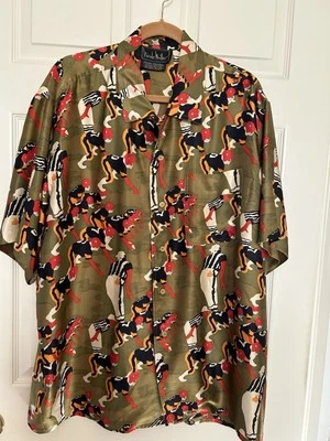 Camisa de campamento Nicole Miller edición limitada 100 % seda con estampado de fútbol XL vintage usada en excelente estado Foto 1 de 4