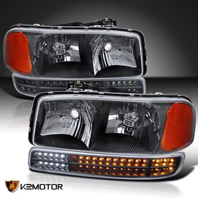 Fits 2000-2006 GMC Sierra Yukon XL Black Headlights+Sequential LED Bumper Lamps Foto 1 de 4