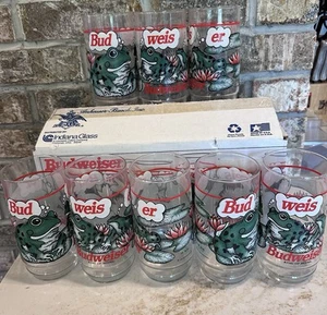 Budweiser Frog Glasses Bud-Weis-er Original Box Set Of 8 16 oz 1995 NOS Vintage - Imagen 1 de 9