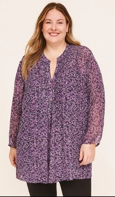 Blusa para mujer Mainstreet Blues 28W púrpura floral 3/4 botones forrada de gasa Foto 1 de 4