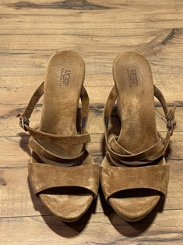 Sandali Ugg Australia 3145 marroni Jullita pelle scamosciata zeppa sughero taglia W8 5 ~ In perfette condizioni