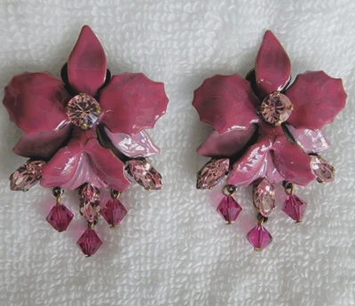 PENDIENTES ZAZOU SARL FRANCIA ESMALTE BAYAS Y CRISTALES ROSAS CLIP ORQUÍDEA GRANDE Foto 1 de 3