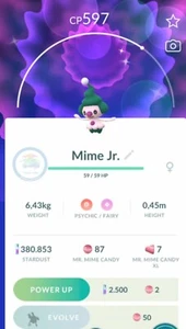 Pokémon Go ✨ Shiny Baby Mime Jr. ✨ P T C 80k Dust ✨ - Picture 1 of 5