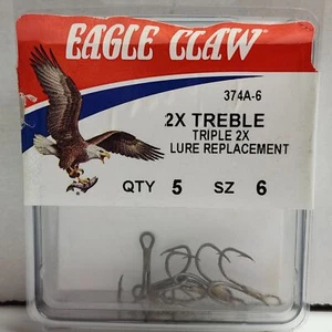 Eagle Claw 374A 2X Treble Fishing Hooks 5 Pack Size 6 - Picture 1 of 2