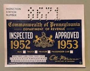 Rare 1952 1953 Pennsylvania Inspection Sticker, N.O.S. 73 years old - Picture 1 of 2