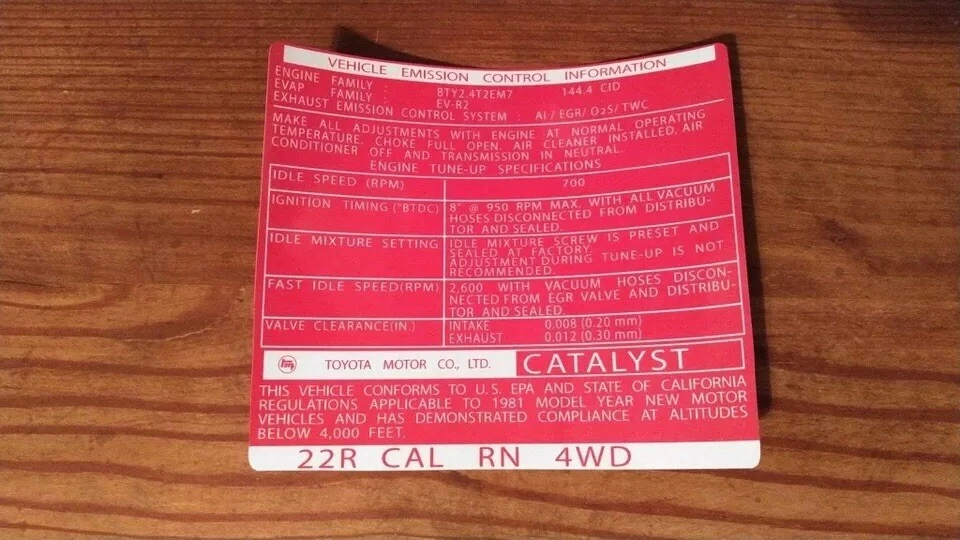 1981 Gen Toyota Pickup Truck Hilux Emissions Decal Repro Sticker 1st Gen 4wd Cal - Image 1 of 1