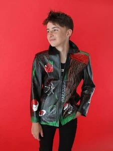 Upcycled Unisex Leather Jacket for Teens & Kids, 'Sushi', Harajuku, Size XS - Picture 1 of 10