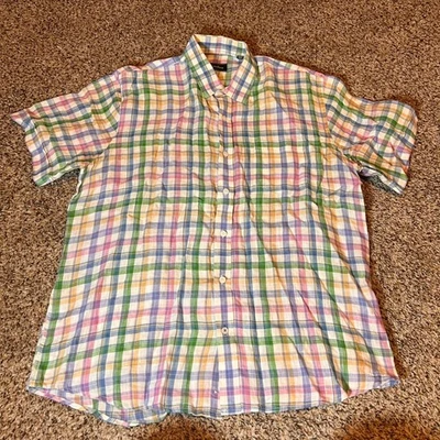 Neiman Marcus 男式 L 格子亚麻休闲纽扣衬衫短袖 — 第 1/4 张图片