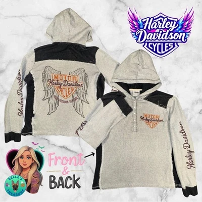 Harley Davidson Mujer Grande Alas de Ángel Henley Sudadera con Capucha Estrás Bedazzle Y2K Foto 1 de 4