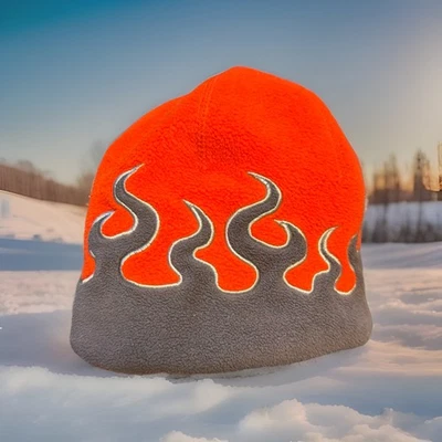 LL Bean Flame Gorro Polar Niños Sombrero Grande Gris Naranja Estampado Fuego Y2K Nieve Invierno Foto 1 de 3