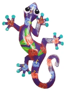 Tropical Hibiscus Purple Gecko Lizard Haitian Metal Art Medium - Picture 1 of 3
