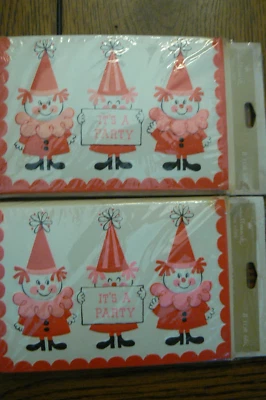 Vintage 2 Packages Hallmark Party Invitations Pink Clowns 16 SIP NEW - Image 1 of 4