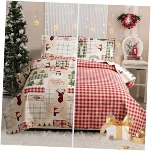 Size Christmas Bedding Sets Reversible Xmas Quilts Rustic Full/Queen Beige Red - Picture 1 of 7