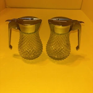 Pair Of Vintage Diamond Point Cut Clear Glass Diner Syrup Dispenser 5” - Picture 1 of 8