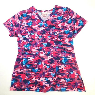 White Cross Women Size Small Scrub Top SS Shirt 733BDT Pink Camouflage 4 Pockets - Image 1 of 4