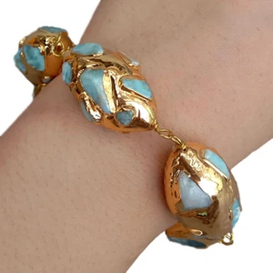 Natural Blue Larimar Gold Plated Olive shape Bracelet - Picture 1 of 6