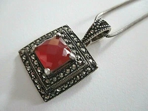 Silver pendant/silver chain° 925/1000° Carnelian/Marcasite° silver jewelry - Picture 1 of 12