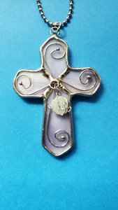 Purple Stained Glass Cross Suncatcher w Green Aventurine Charm Car Charm NEW - Picture 1 of 4