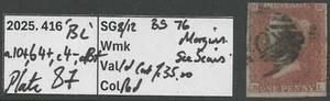 QV 1d red SG8/12 BS 76  Plate 87 'BL' CAT £35 (416) - Picture 1 of 4