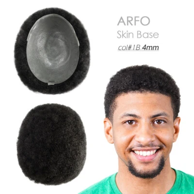 Mens Toupee Human Hair Replacement System 4mm Afro Curls Skin Black Hairpieces - Image 1 of 4