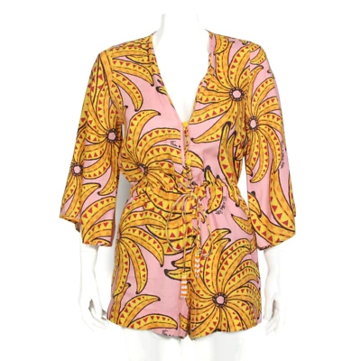 FARM RIO Banana Pink Yellow Long Bell Sleeve Deep V Neck Linen Romper XS /444 - Image 1 of 4