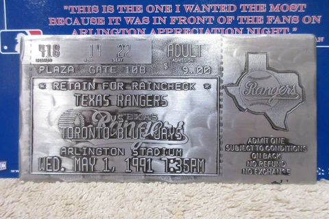 TEXAS RANGERS VS TORONTO BLUE JAYS NOLAN RYAN NO-HITTER MAY 1, 1991 METAL TICKET Cover