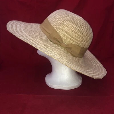 Magid Hats Womens Wide Brim Floppy Sun Hat 100% Paper Beige Two Tone With Bow - Image 1 of 4
