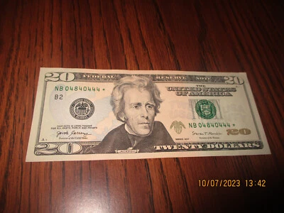 2017 $20 US LEGAL TENDER *STAR NOTE* FANCY SERIAL NUMBER 04840444  ~UNCIRCULATED - Image 1 of 4