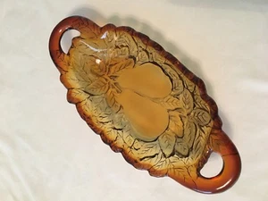 Vintage ovale Braunglas Servier Süßigkeiten/Nüsse Schale geprägt Birnen Blätter - Bild 1 von 3