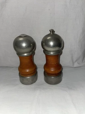 Vintage Verity Southall 6” Wood & Pewter Salt Shaker/Pepper Grinder Mill Set - Image 1 of 4