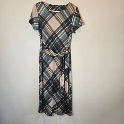 Vestido Chetta B manga corta a cuadros para mujer pequeño azul crema negro Foto 1 de 4