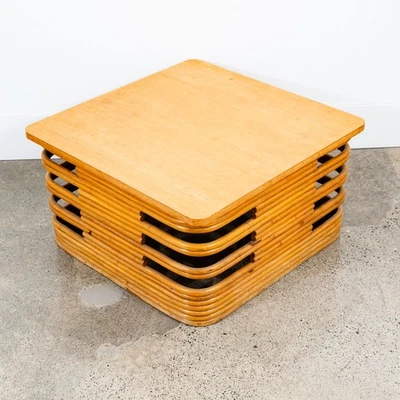 Mid Century Modern Coffee Table Square Bamboo Paul Frankl Rattan Oak Refinished - Image 1 of 4