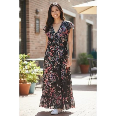 Apt 9 Maxi Faux Wrap Dress Black Floral Fairy Whimsigoth Romantic 3x - Image 1 of 4