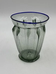 Signed Hand Blown Applied Pulled Cane Rim Multicolor Thin Art Glass Cup Vase - Picture 1 of 11