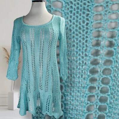 Soft Surroundings Crochet Knit Tunic Size S Blue Loose Knit Relaxed Fit Coverup - Image 1 of 4