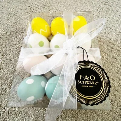 FAO Schwarz Easter Eggs Decor Polka Dot Striped Pink Yellow Green Blue Set of 12 - Image 1 of 4