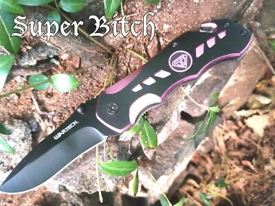 Super Bitch Pink Black Spring Assisted Pocket Knife Ladies Girls 3CR13 EDC 💖 - Image 1 of 4