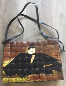 Chico’s Geisha Asian Theme Wood Tile Purse Back Double Handle Straps Zip Closure - Bild 1 von 10