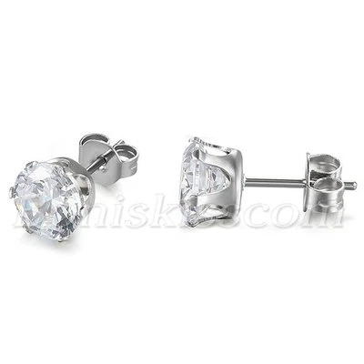 2pcs Women Stainless Steel Round Clear Cubic Zirconia Pierced Ear Studs Earrings - Image 1 of 2